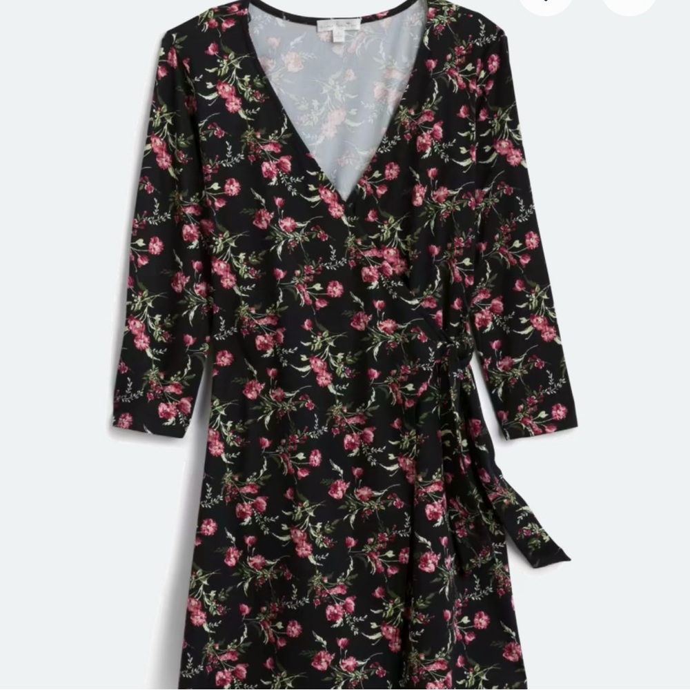 Nine Britton Knit Faux Wrap Dress with Floral Rose Print